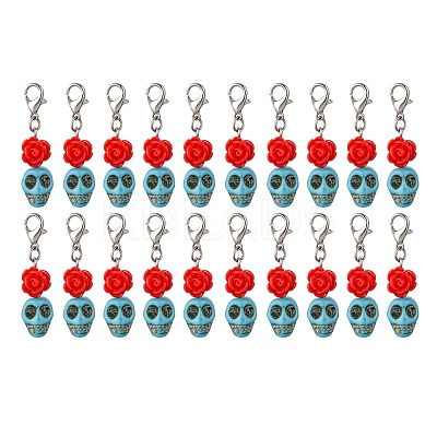Skull Synthetic Turquoise & Resin Rose Pendant Decorations HJEW-JM03999-1