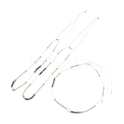 Adjustable Miyuki Seed & Natural African Turquoise & Brass Evil Eye Beaded Necklaces NJEW-O127-03-1