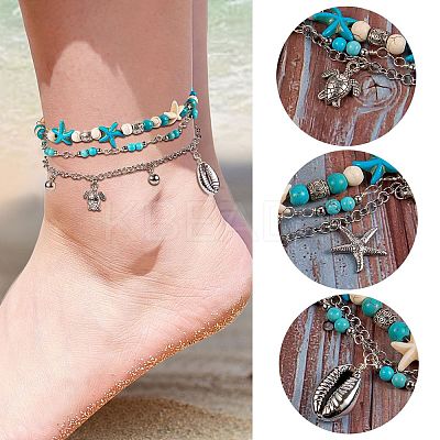 Synthetic Turquoise Beads Multi-strand Anklet AJEW-SW00008-1
