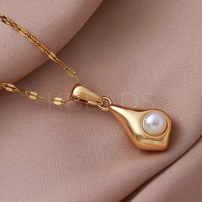 Vintage European 304 Stainless Steel and Imitation Pearl Teardrop Pendant Necklaces ZN0215-1
