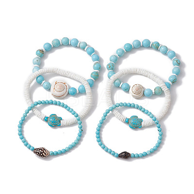 3Pcs 3 Styles Summer Beach Turtle Dyed Synthetic Turquoise & Shell Bead Bracelet Sets BJEW-JB10313-1