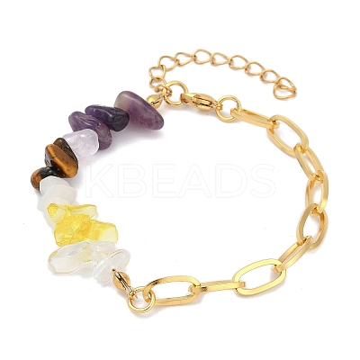 Nature Amethyst & Quartz Crystal & Yellow Quartz & Tiger Eye Chip Link Bracelets BJEW-V003-02G-1