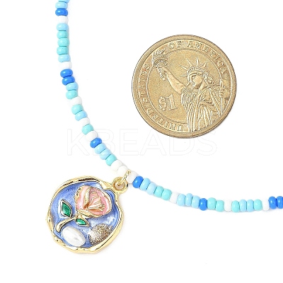 Flower Alloy Enamel Pendant Glass Seed Beaded Necklaces for Women NJEW-JN05550-03-1