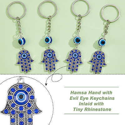 12Pcs Hamsa Hand with Evil Eye Alloy Rhinestones Keychains KEYC-DC0001-25-1
