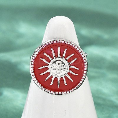 Flat Round with Sun Pattern 304 Stainless Steel Enamel Finger Rings for Women RJEW-G355-05P-02-1