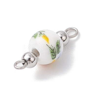 Handmade Flower Printed Porcelain Ceramic Round Links Connector Charms PALLOY-JF04451-01-1