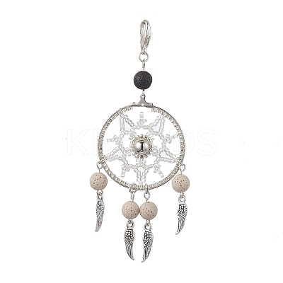 Woven Web/Net with Feather Glass Seed Beads Pendant Decorations HJEW-MZ00074-02-1