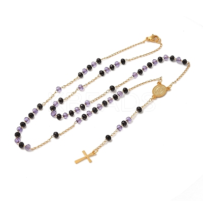 201 Stainless Steel & Glass Rosary Bead Necklaces for Women NJEW-B112-01G-02-1