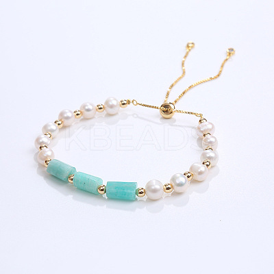 Natural Amazonite & Plastic Imitation Pearl Bead Slider Bracelets AT8786-2-1