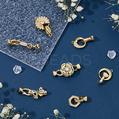 7Pcs 7 Styles Rack Plating Brass Micro Pave Clear Cubic Zirconia Fold Over Clasps KK-FH0004-70-1