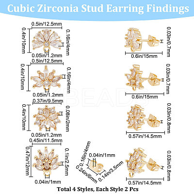 4 Pairs 4 Style Brass Cubic Zirconia Flower Stud Earring Findings EJEW-BBC0001-11-1