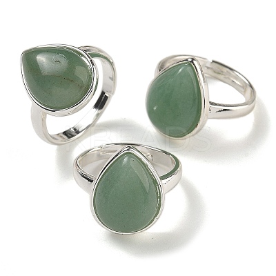 Natural Green Aventurine Teardrop Adjustable Rings RJEW-K371-08S-23-1