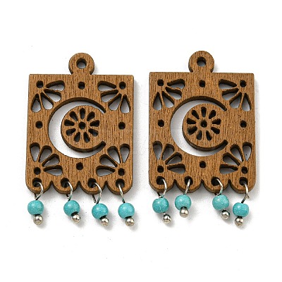 Laser Cut Poplar Wood Pendants Rectangle Charms with Dyed Synthetic Turquoise FIND-G073-07-1