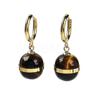 Ion Plating(IP) 304 Stainless Steel & Natural Tiger Eye Round Hoop Earrings for Women EJEW-K281-22G-1