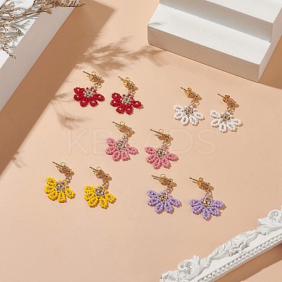 Glass Seed Braided Flower Dangle Stud Earrings EJEW-MZ00048-1