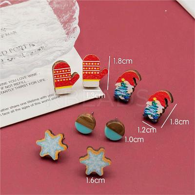 4 Pairs Snowflake & Glove & Christmas Gnome Printed Wood Stud Earrings EJEW-OY001-04-1