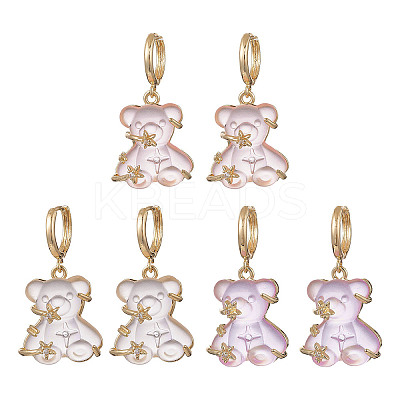3 Pair 3 Color Resin Bear with Crystal Rhinestone Star Dangle Hoop Earrings EJEW-JE05244-1