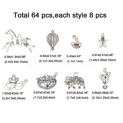 64Pcs 8 Styles Carnival Theme Tibetan Style Alloy Pendants TIBE-FP0001-12-1