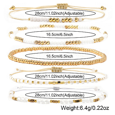 5Pcs Glass & Metal Gold & White Beaded Bracelet Sets AB9103-3-1