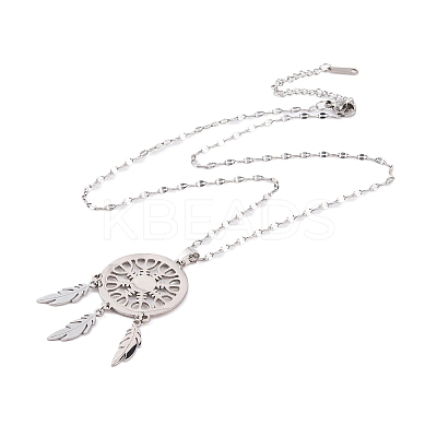 Non-Tarnish Woven Net/Web with Feather 201 Stainless Steel Boho Pendant Necklaces for Women NJEW-G087-08P-1