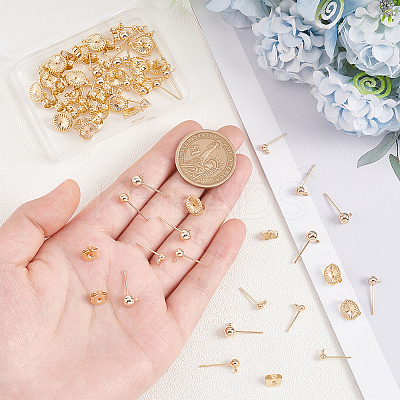 38Pcs 3 Size Brass Ball Stud Earring Post KK-AR0003-01-1