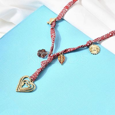 304 Stainless Steel Heart & Glass Leaf Flower Pendant Printed Polyester Cord Necklaces for Women NJEW-A063-07G-1