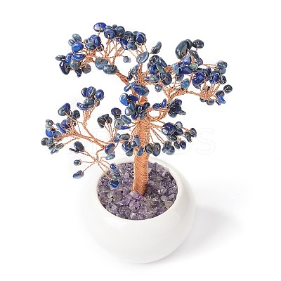 Natural Lapis Lazuli Chips with Brass Wrapped Wire Money Tree on Ceramic Vase Display Decorations DJEW-B007-02C-1