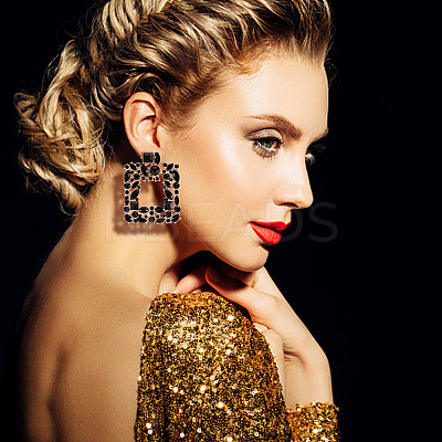 4 Pairs 4 Colors Rhinestone Hollow Square Dangle Stud Earrings EJEW-AN0004-37-1