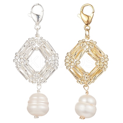 2Pcs 2 Colors Glass Seed Bead & Natural Cultured Freshwater Bead Pendant Decoration HJEW-MZ00032-1