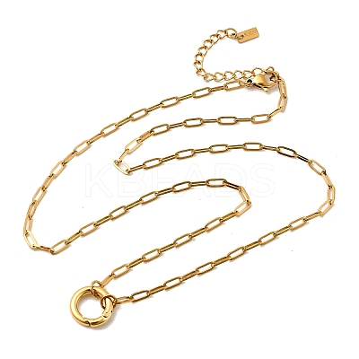 304 Stainless Steel Spring Gate Ring Pendant Paperclip Chain Necklaces for Women NJEW-Z091-13G-1
