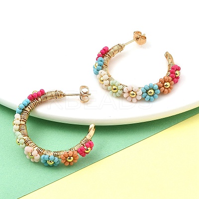 304 Stainless Steel & Bohemian Beaded C-Shaped with Flower Stud Earrings for Women EJEW-R001-03G-01-1