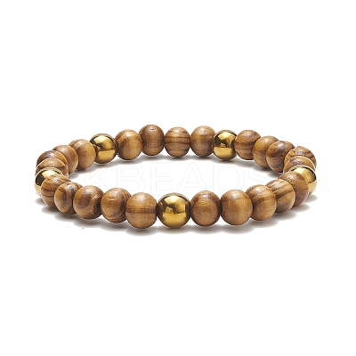 Natural Wood & Synthetic Hematite Round Beaded Stretch Bracelet for Women BJEW-JB09148-1