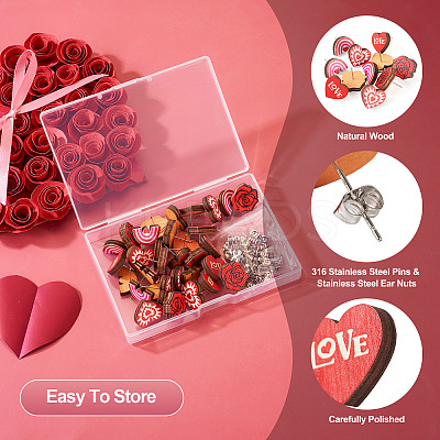 40Pcs 4 Style Valentine's Day Theme Natural Wood Stud Earrings EJEW-TA0001-27-1