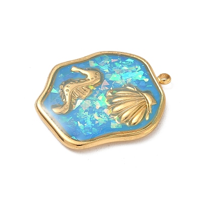 304 Stainless Steel Epoxy Resin with Natural Shell and Sequins Inside Pendants STAS-L026-17G-N03-1