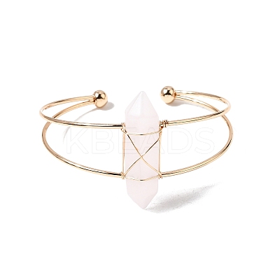 Brass Wire Wrapped Natural Rose Quartz Hexagon Point Cuff Bangles for Women BJEW-L719-01G-01-1