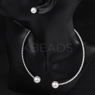 Round Plastic Imitation Pearl Stud Earrings & Rhinestone Cuff Choker Necklaces Sets SJEW-U003-04P-1