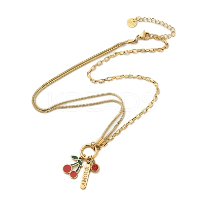 304 Stainless Steel Red Enamel and Siam Rhinestone Cherry Pendant Necklaces for Women NJEW-M091-02G-1