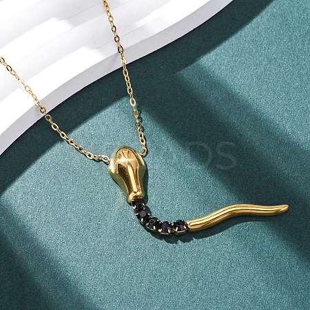 304 Stainless Steel Jet Rhinestone Snake Pendant Cable Chain Necklaces for Women LS-NJEW-A051-01G-1