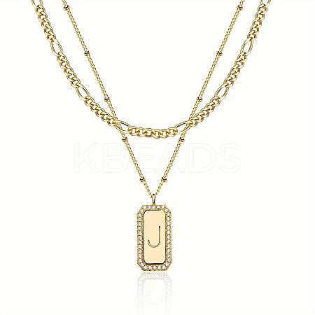 Brass Micro Pave Clear Cubic Zirconia Rectangle with Initial Pendant Double Layer Necklaces for Women FS-WG478B5-10-1
