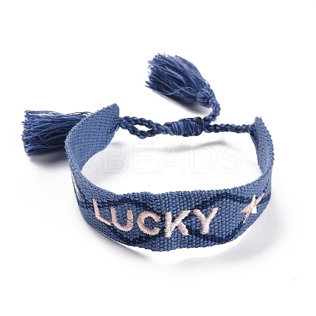 Word Lucky Polycotton(Polyester Cotton) Braided Bracelet with Tassel Charm LS-BJEW-F429-08-1