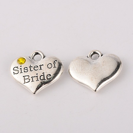 Wedding Theme Antique Silver Tone Tibetan Style Heart with Sister of Bride Rhinestone Charms X-TIBEP-N005-06E-1
