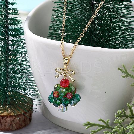 Christmas Tree Glass Beaded Pendant Necklaces NJEW-TA00174-1