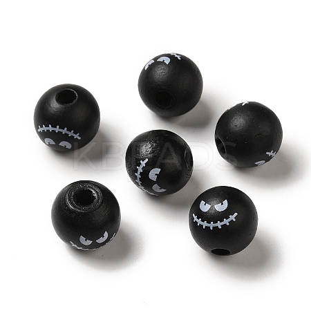 Printed Round Wood European Beads WOOD-M006-03-1