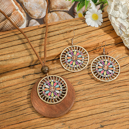 Ethnic Style Alloy Enamel & Wood Pendant Necklaces & Dangle Earrings Sets WG3F4B9-02-1