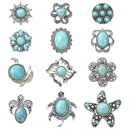 12Pcs 12 Styles Alloy Rhinestone & Resin Imitation Turquoise Snap Buttons BUTT-CJ0001-04-1