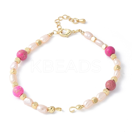 Brass & Natural Pearl and Dyed Hot Pink Imperial Jasper Round Beaded Bracelet Making KK-F892-22G-1