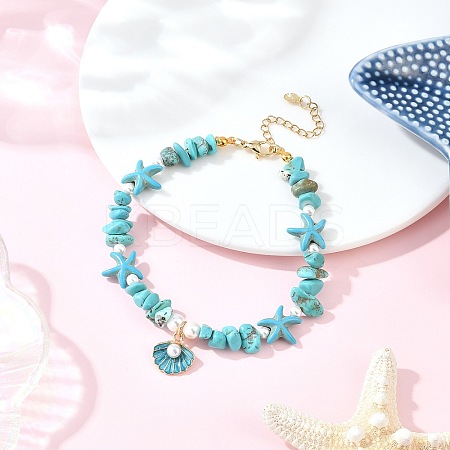 Zinc Alloy Enamel Shell Shape Charm Round Shell Pearl & Dyed Synthetic Turquoise Starfish & Magnesite Chip Beaded Anklets AJEW-AN00735-02-1
