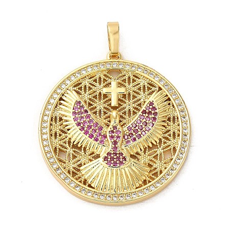 Flat Round with Pigeons & Cross Rack Plating Brass Micro Pave Cubic Zirconia Pendants KK-K377-42G-1