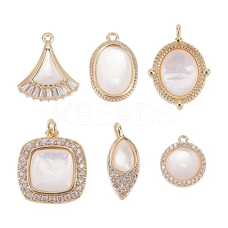 6Pcs 6 Styles Brass Micro Pave Clear Cubic Zirconia Pendants KK-AR0004-24-1