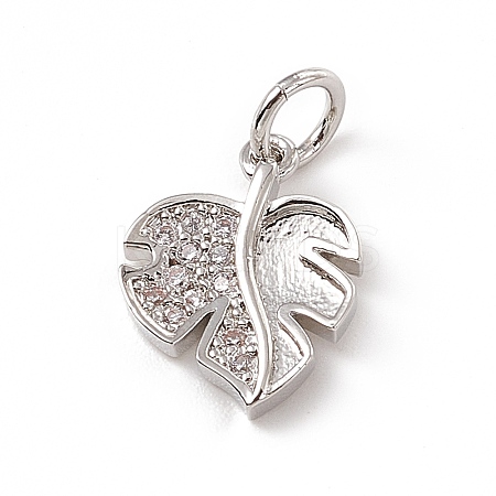 Brass Micro Pave Clear Cubic Zirconia Leaf Charms ZIRC-F132-48P-1